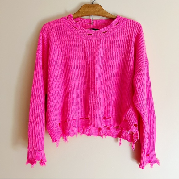 Seduction Sweaters - Seduction Hot Pink Distressed Knit Sweater